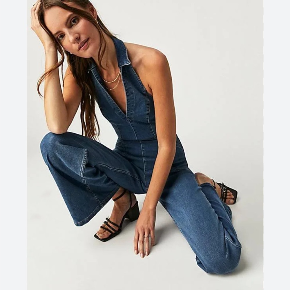 Free People Blue Denim Halter Jumpsuit - Picture 2 of 10